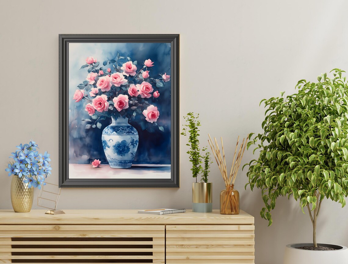 Pink Roses Blue White Chinoiserie Vase Watercolor Floral Art Poster - Image 4