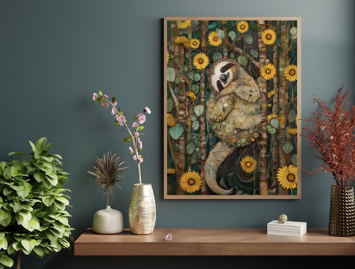 Whimsical Sloth Hugging Tree Sunflowers Decorative Klimt Style Cute Animal Art Print - Image 6