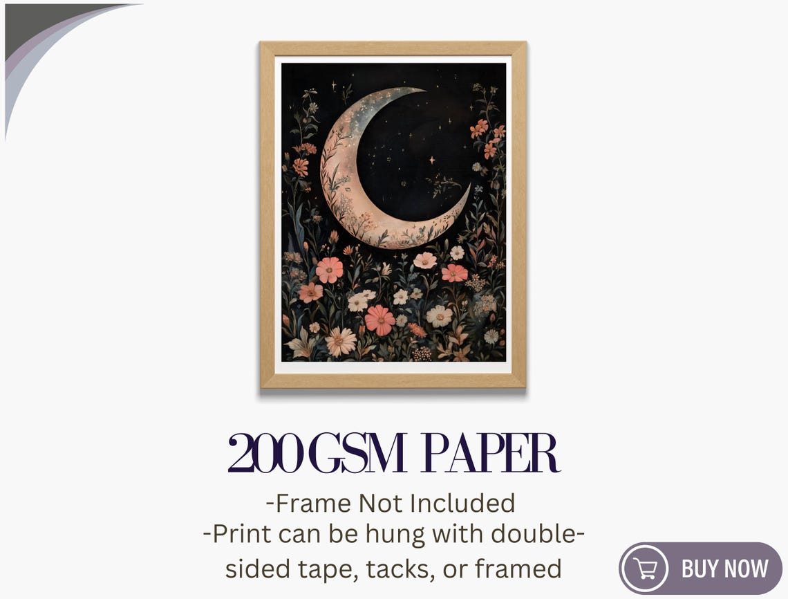 Crescent Moon Wildflower Meadow Dark Celestial Floral Art Print - Image 5