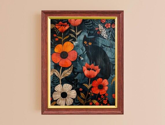 Black Cat Red Flowers Dark Floral Illustration Whimsical Wall Art Poster
