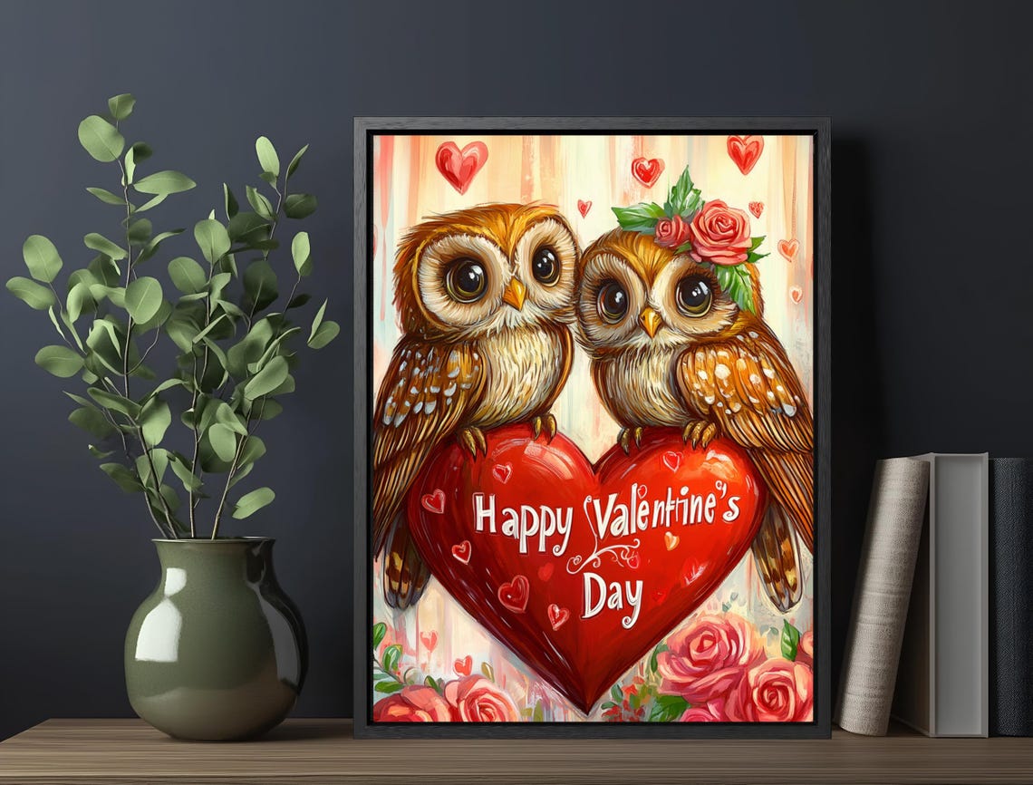 Happy Valentines Day Owl Couple Red Heart Roses Romantic Art Poster - Image 6