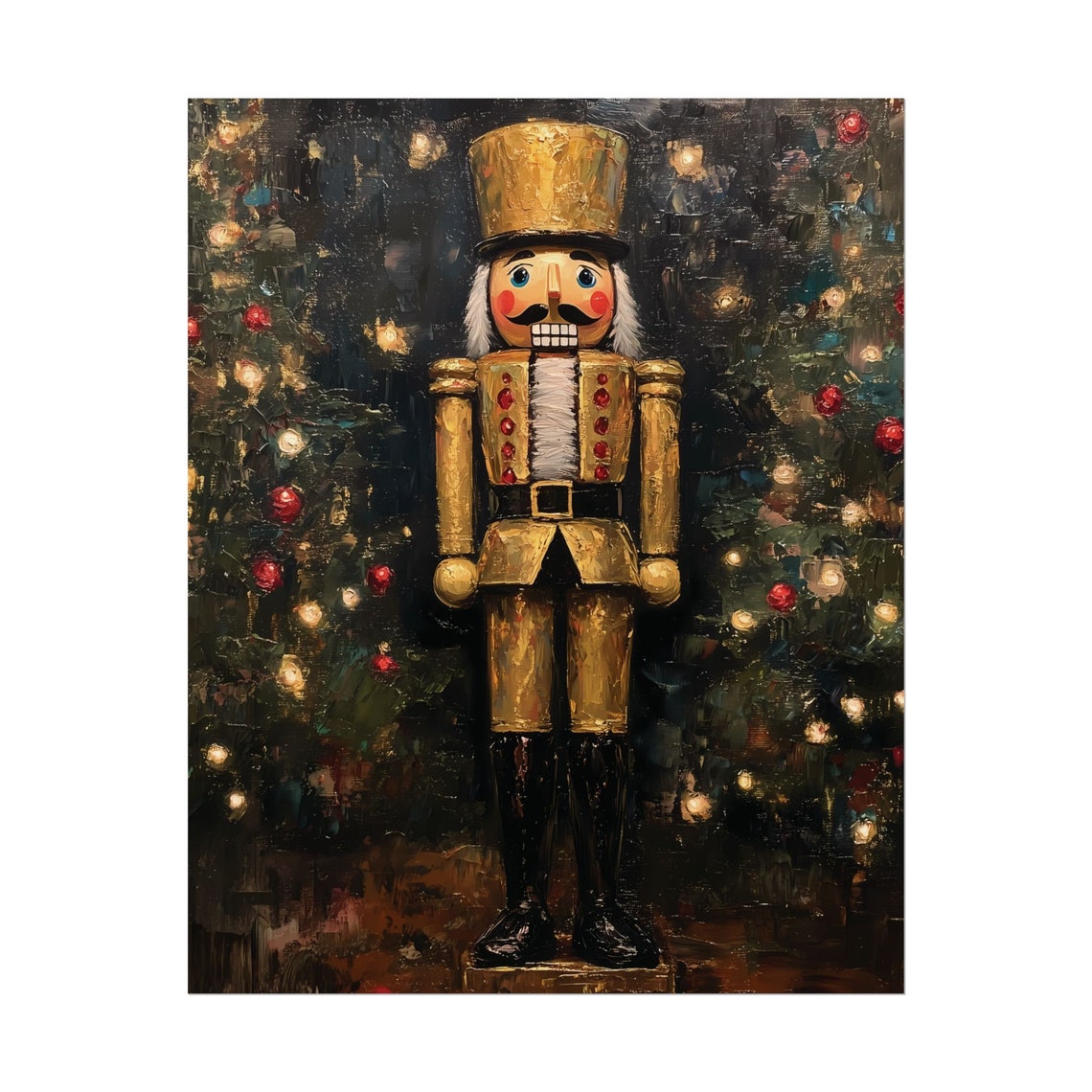 Golden Nutcracker Soldier Christmas Tree Vintage Moody Oil Art Poster - Image 2