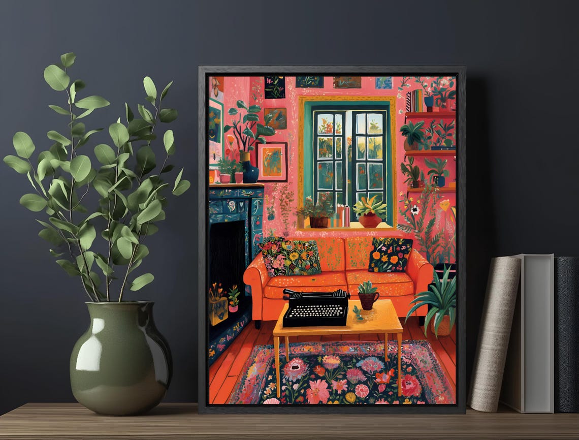 Matisse Inspired Maximalist Living Room Orange Sofa Plants Art Print - Image 6