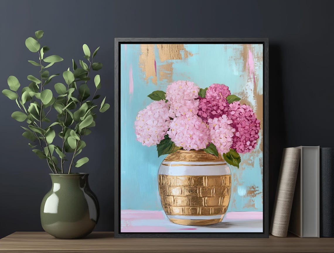 Hydrangea Bouquet Gold Textured Vase Blue Pink Maximalist Wall Art - Image 6