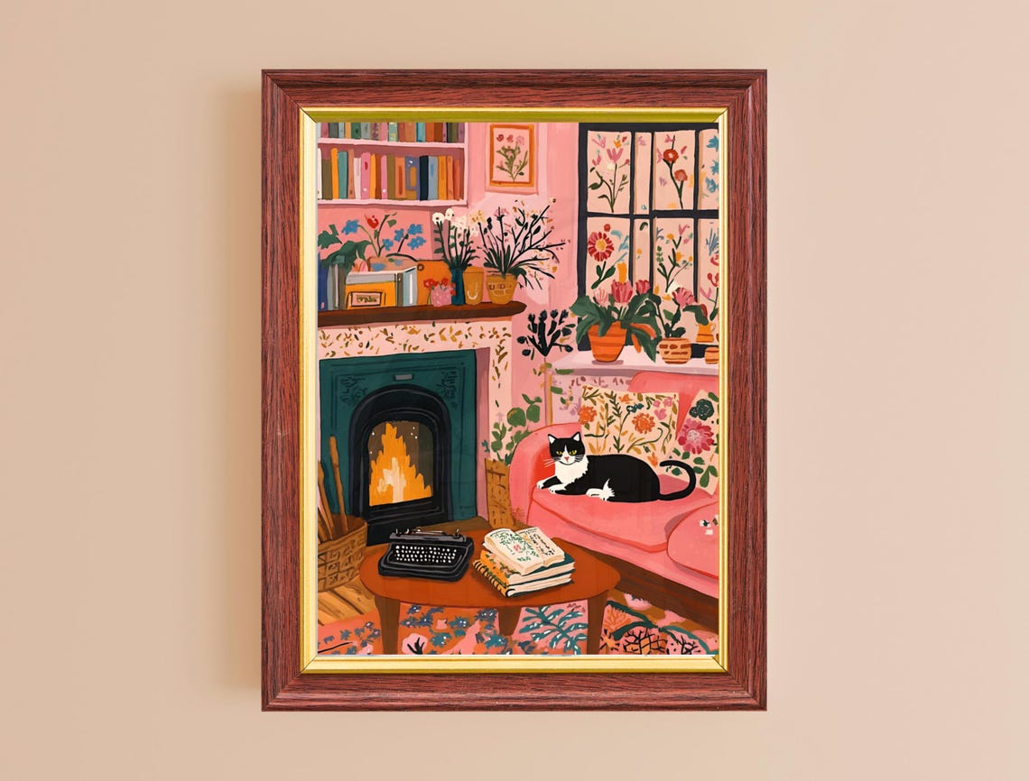 Pink Cozy Living Room Fireplace Books Typewriter Cat Folk Wall Art - Image 2