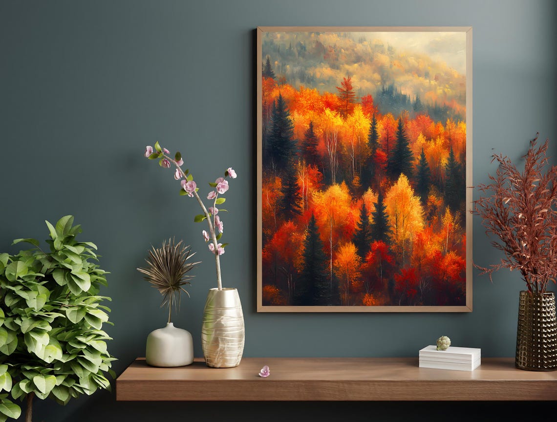 Autumn Forest Fiery Fall Foliage Misty Hills Landscape Art Poster - Image 4