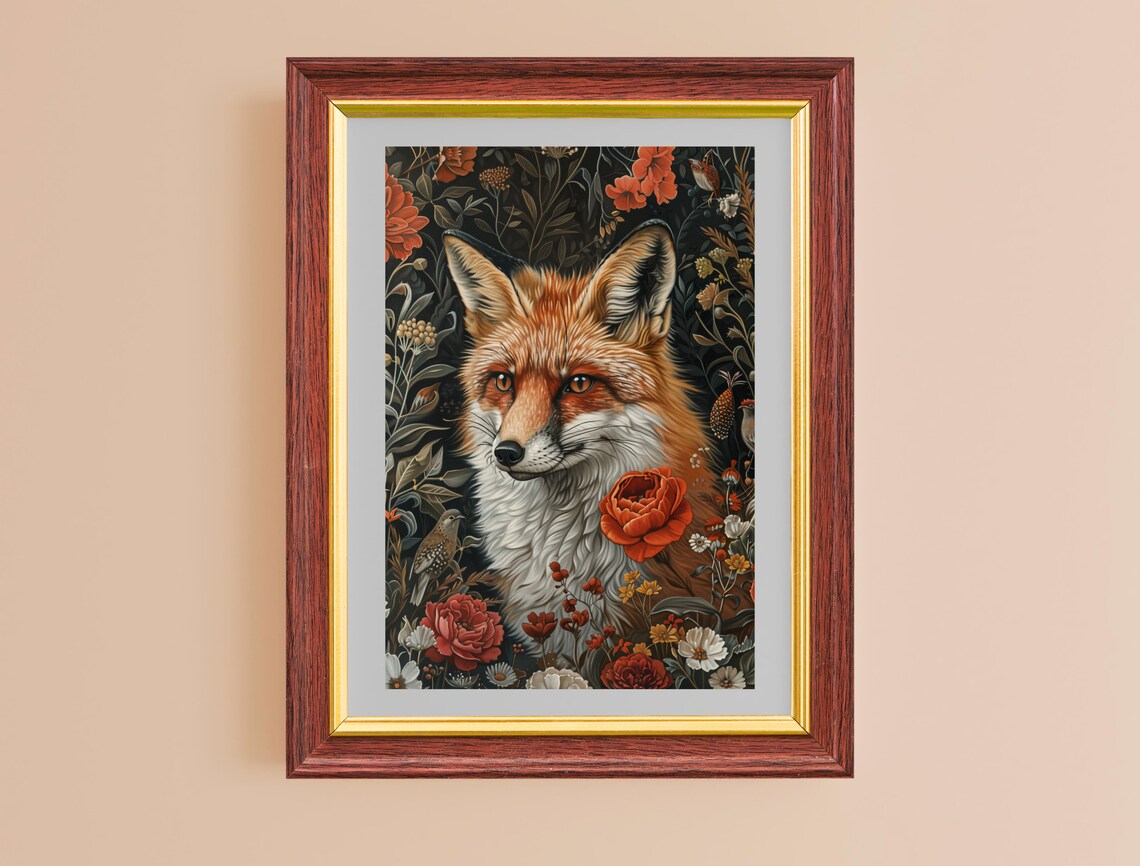 Fox Portrait Autumn Floral Garden Vintage Dark Botanical Animal Art Print