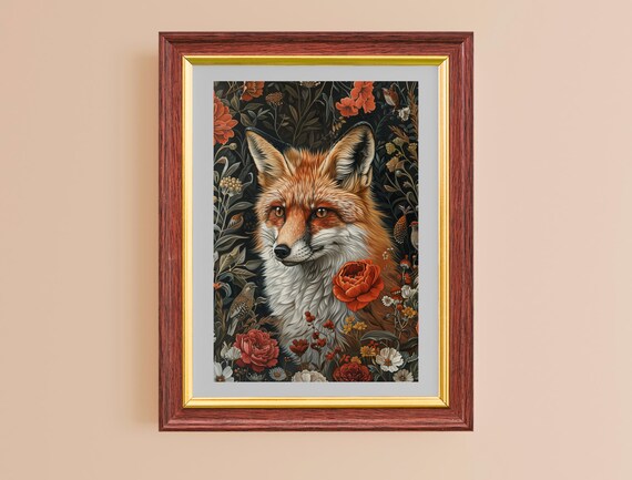 Fox Portrait Autumn Floral Garden Vintage Dark Botanical Animal Art Print