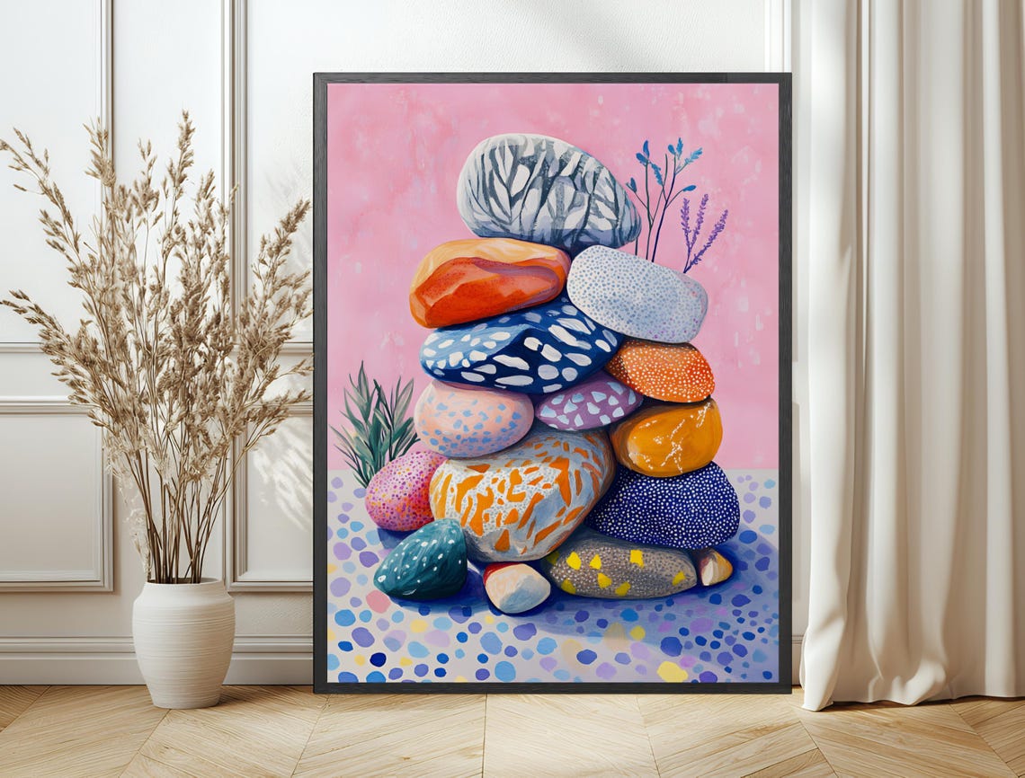 Whimsical Painted Stone Tower Colorful Balanced Rocks Art Print