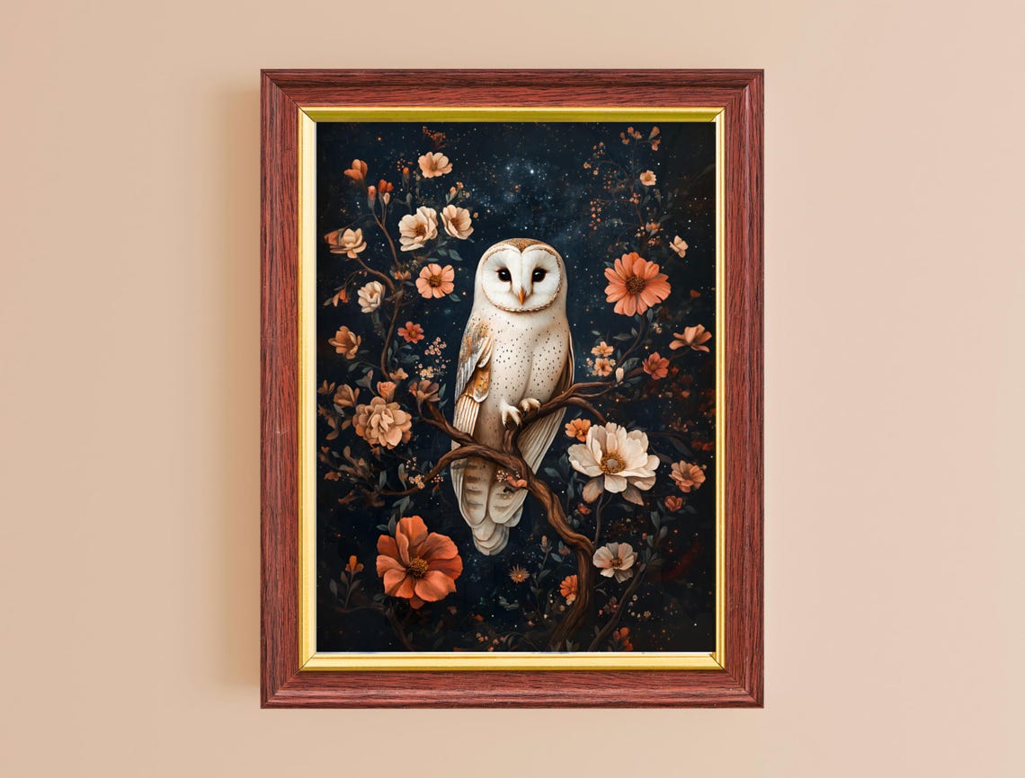 Barn Owl On Branch Starry Night Moody Floral Vintage Dark Art Print - Image 2