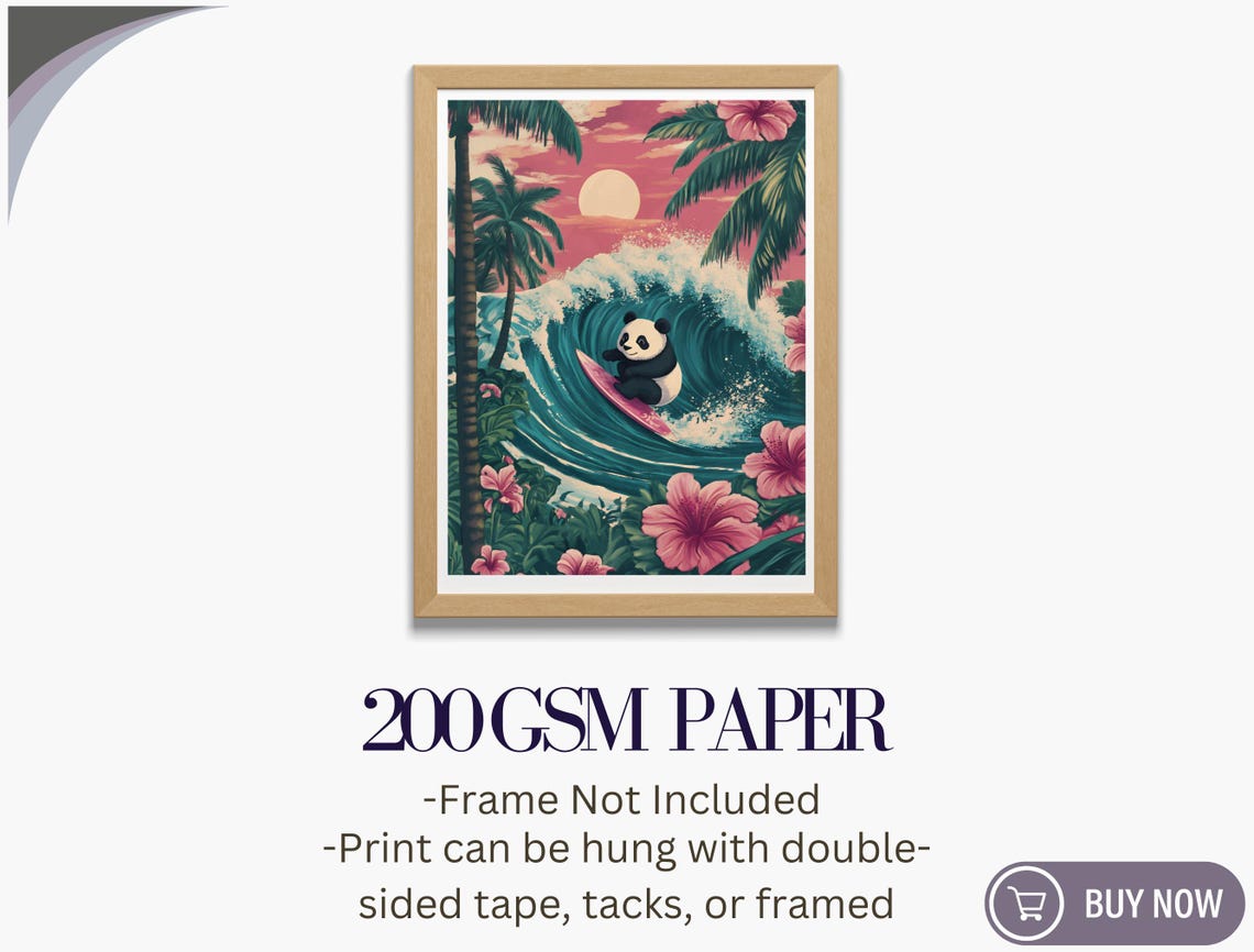 Panda Surfing Big Wave Sunset Tropical Hibiscus Cute Art Poster - Image 5