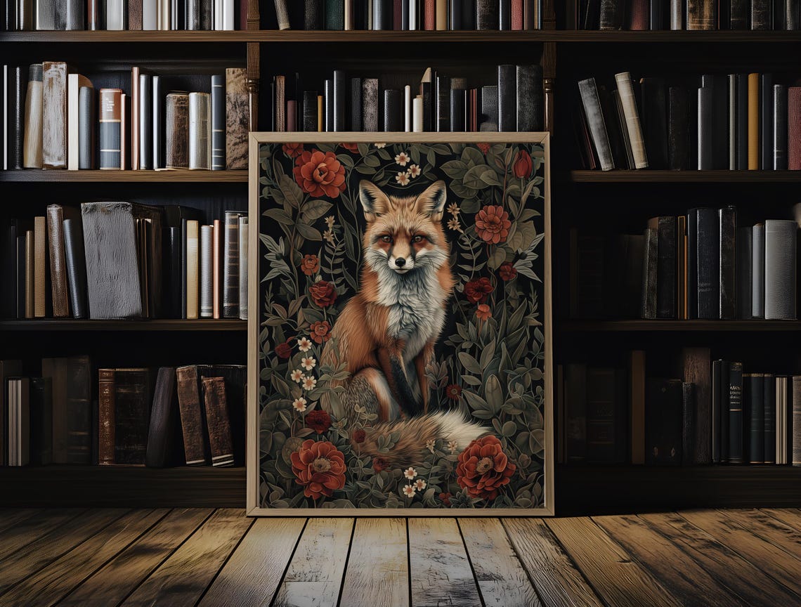 Red Fox Vintage Botanical Flower Garden Dark Morris Style Art Poster - Image 6
