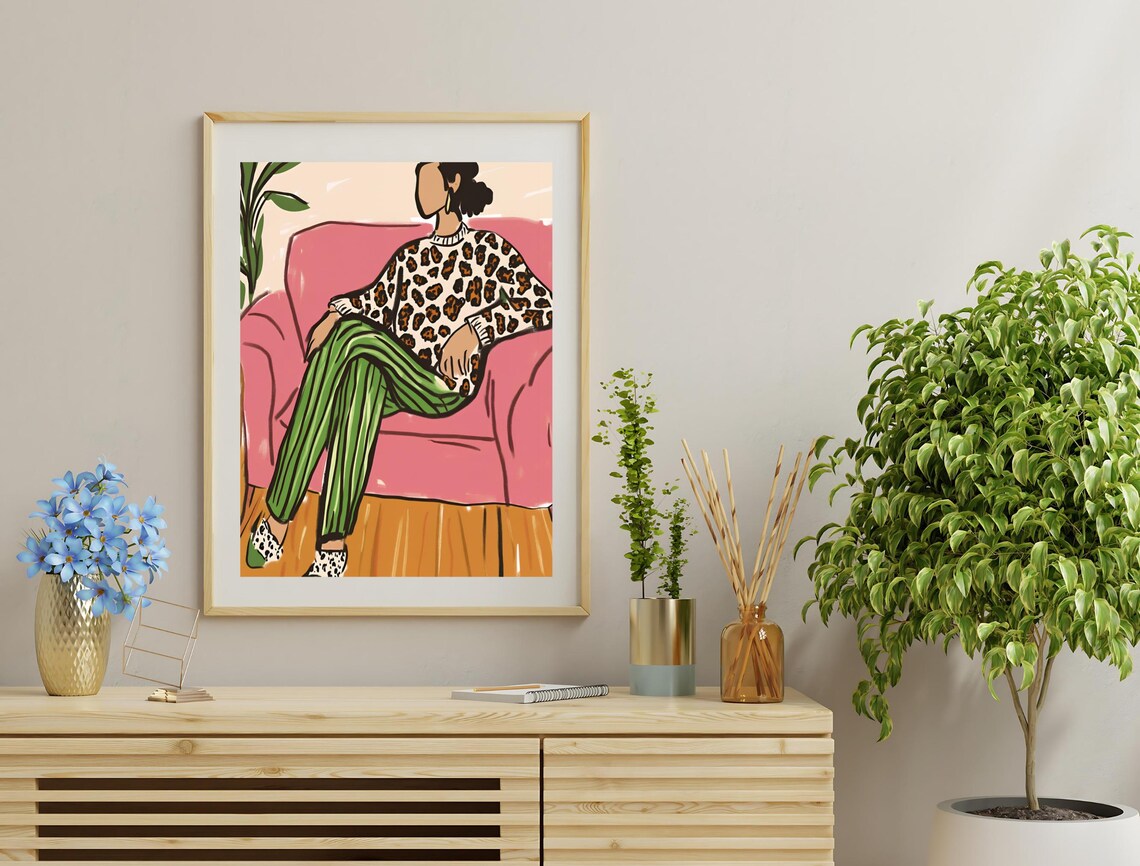 Stylish Woman Leopard Sweater Lounging Pink Chair Trendy Art Poster - Image 3