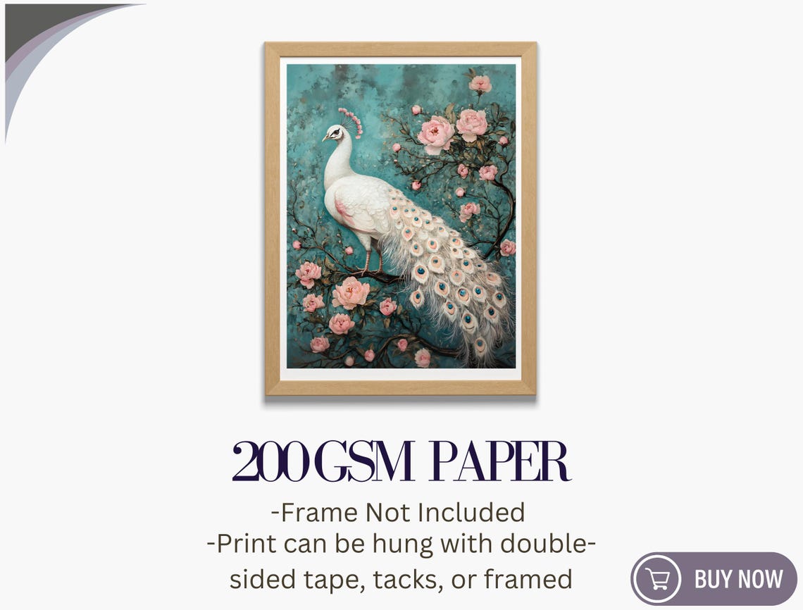 White Peacock Among Pink Roses Teal Chinoiserie Style Wall Art Print - Image 5