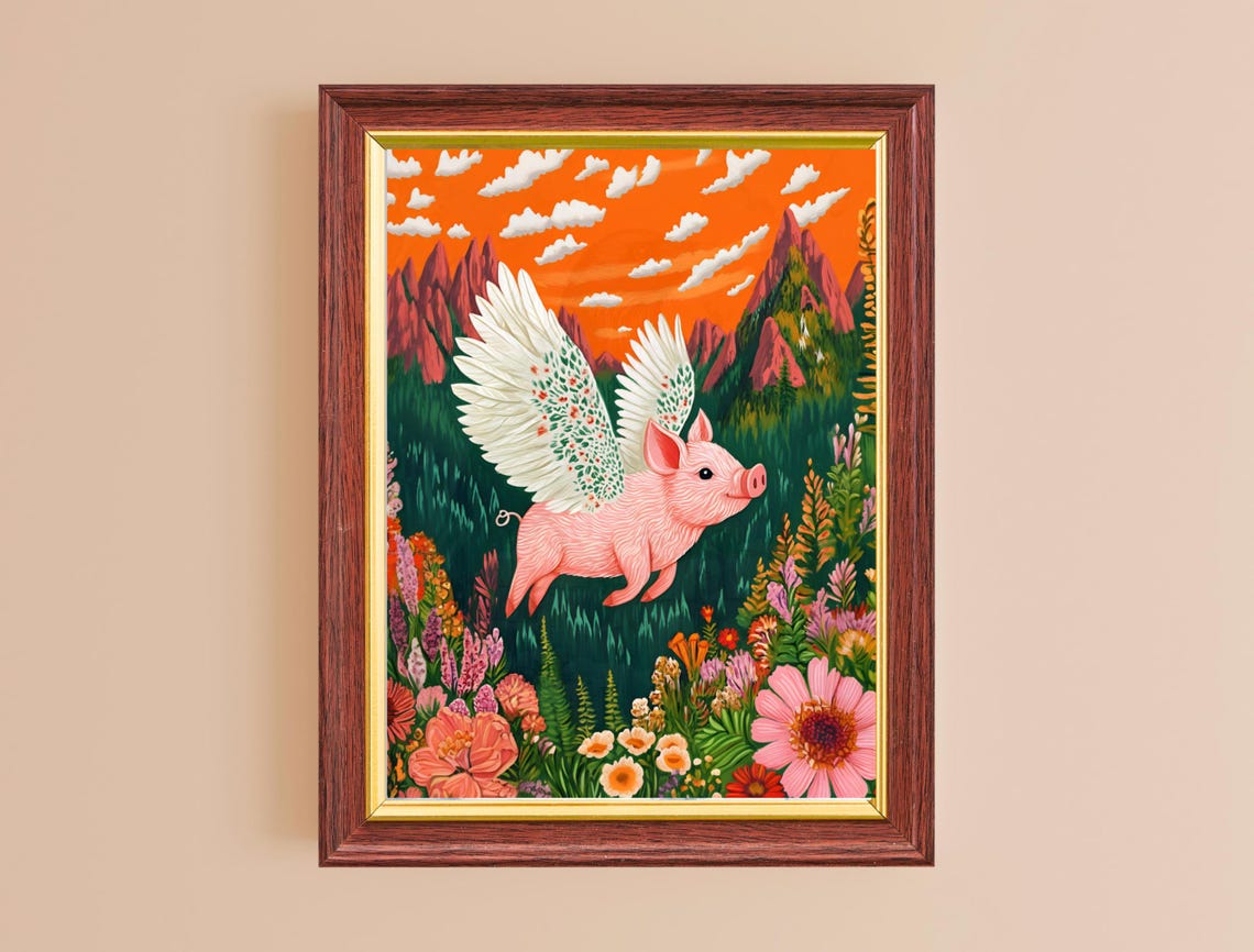 Winged Pink Pig Flower Meadow Sunset Peaks Magical Art Poster - Image 2