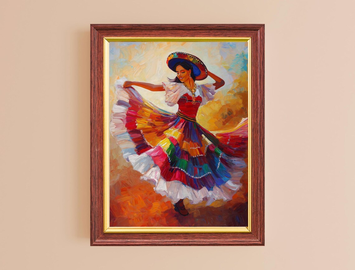 Colorful Mexican Folk Dancer Traditional Dress Sombrero Oil Painting Print - Image 2