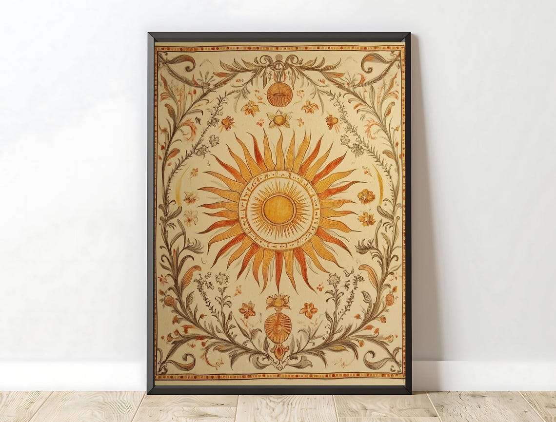 Celestial Sun Burst Vintage Ornate Floral Earth Tone Boho Wall Poster