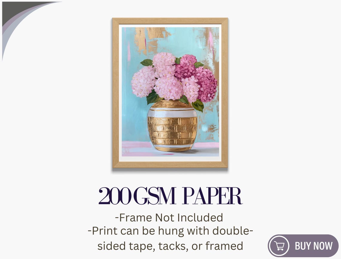Hydrangea Bouquet Gold Textured Vase Blue Pink Maximalist Wall Art - Image 5