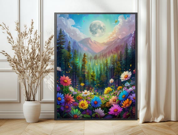 Maximalist Wildflower Moon Art Print Whimsical Wall Art For Bold Decor Dopamine Art Print Living Room Bedroom Wall Dcor