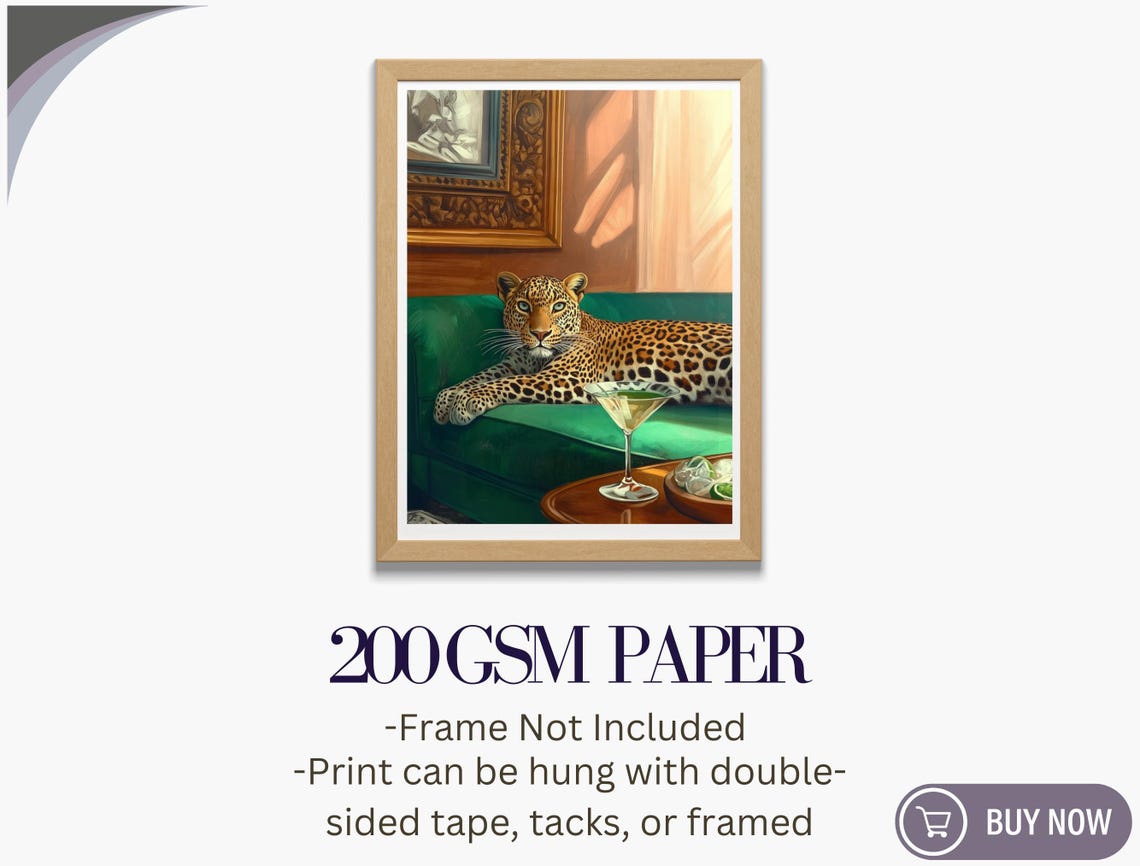 Funny Leopard Relaxing Emerald Sofa With Cocktail Bold Wall Art Poster - Image 5