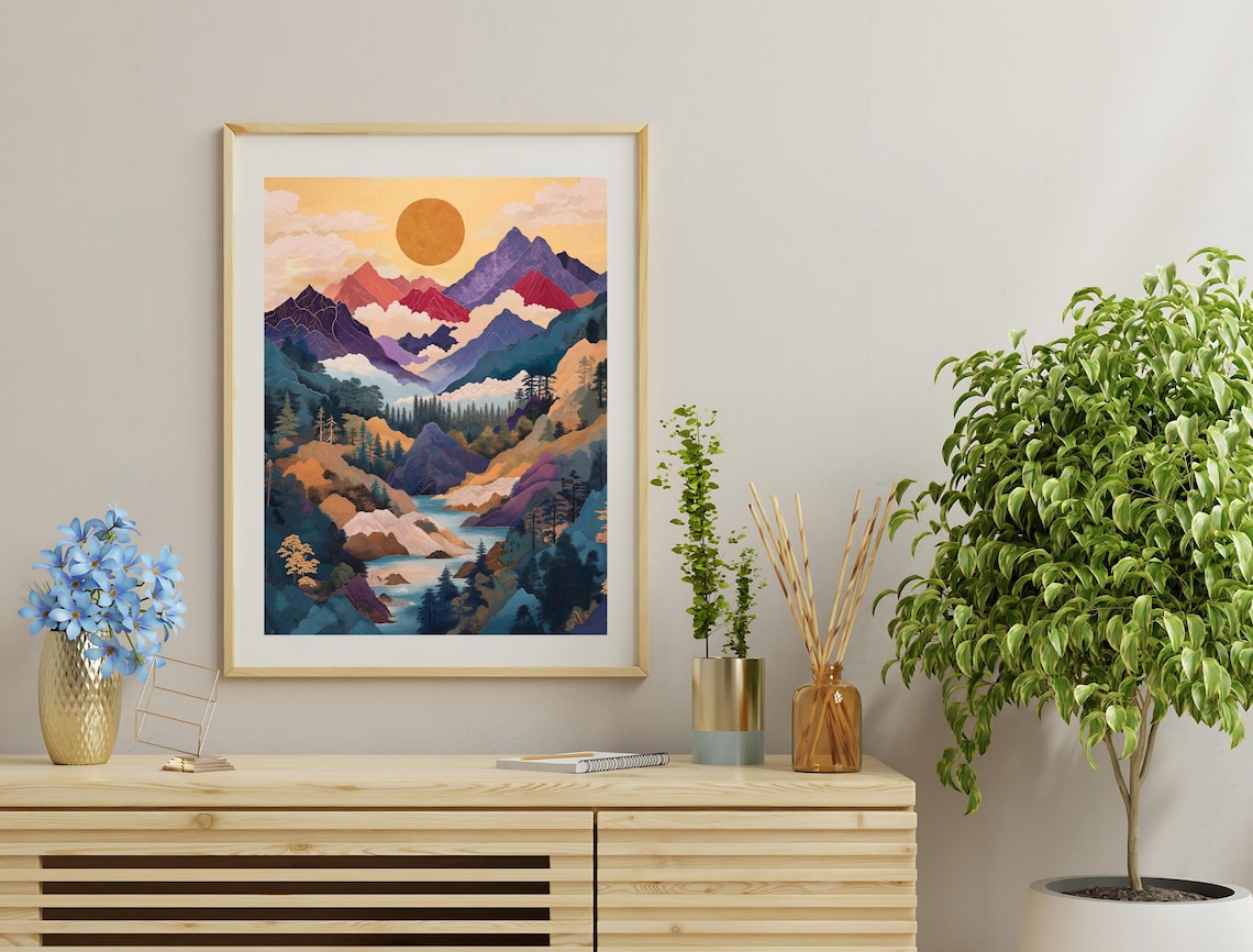 Layered Mountain Peaks Golden Sun Misty River Japan Travel Poster - Image 2