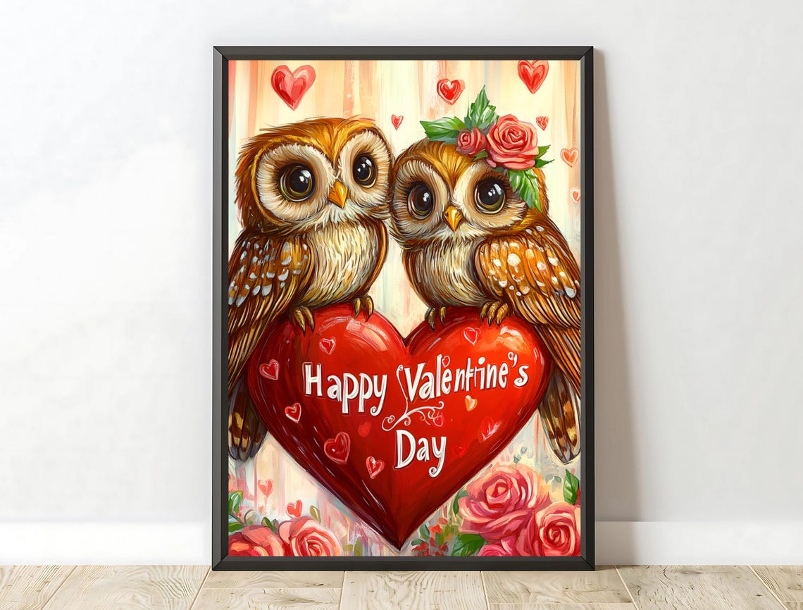Owl Couple Happy Valentines Day Heart Roses Cute Romantic Art Poster