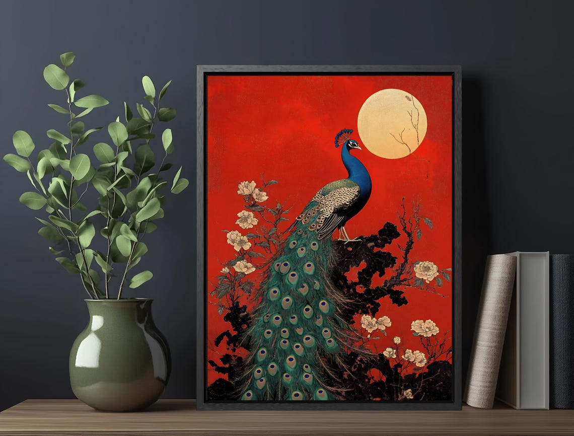 Peacock Moonlit Branch Red Background Asian Style Bird Print - Image 6