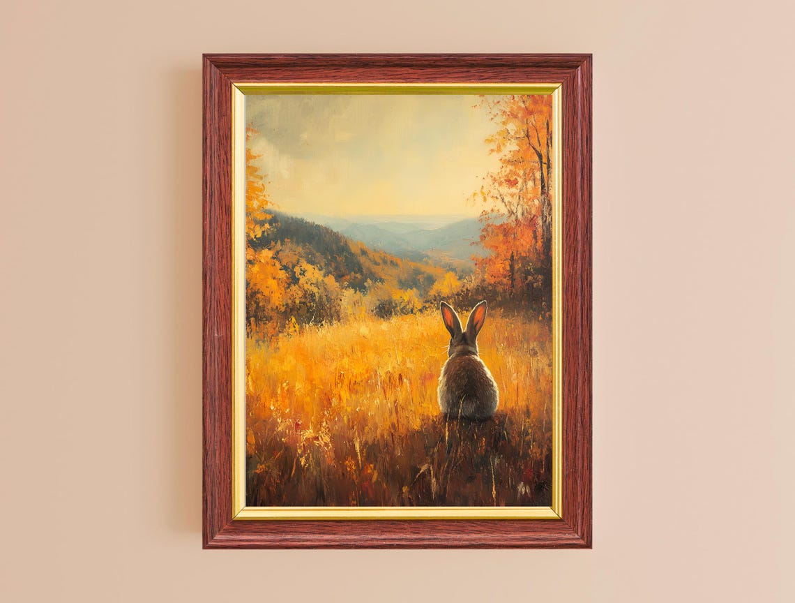 Rabbit Autumn Meadow Golden Fall Valley Vintage Wildlife Art Poster