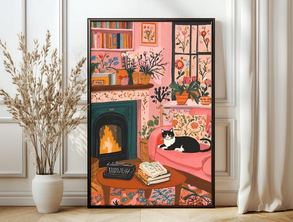 Henri Matisse Fireplace Print Matisse Inspired Cat Artwork Modern Floral Art For Cat Lovers Trendy Wall Decor