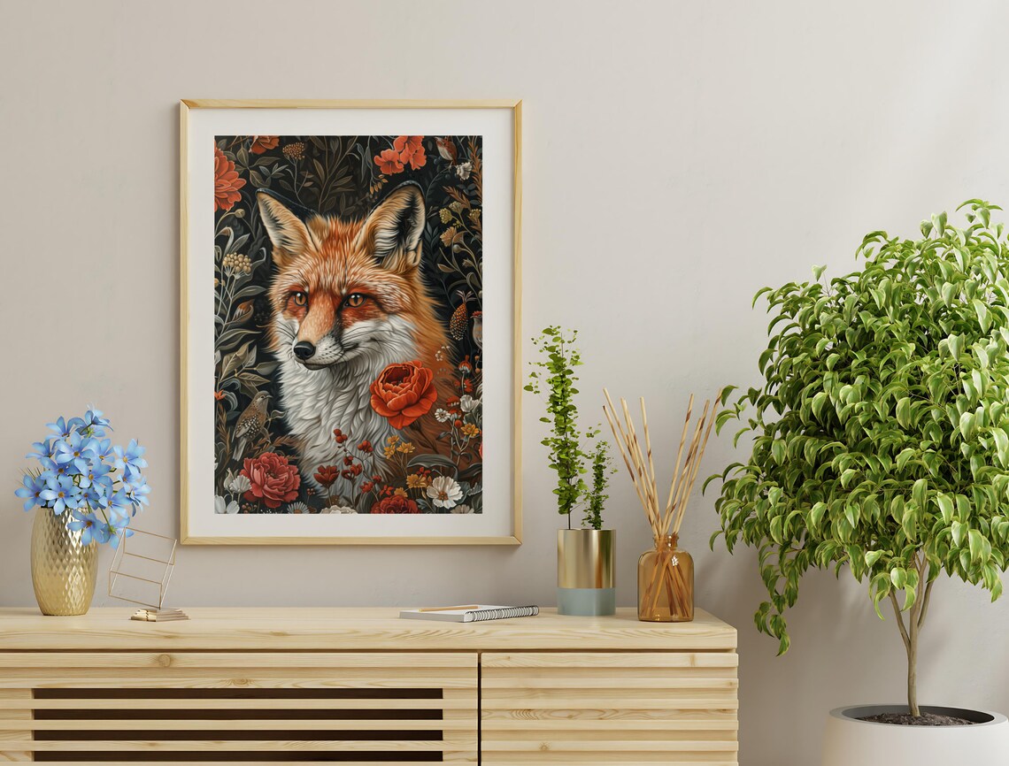 Fox Portrait Autumn Floral Garden Vintage Dark Botanical Animal Art Print - Image 3