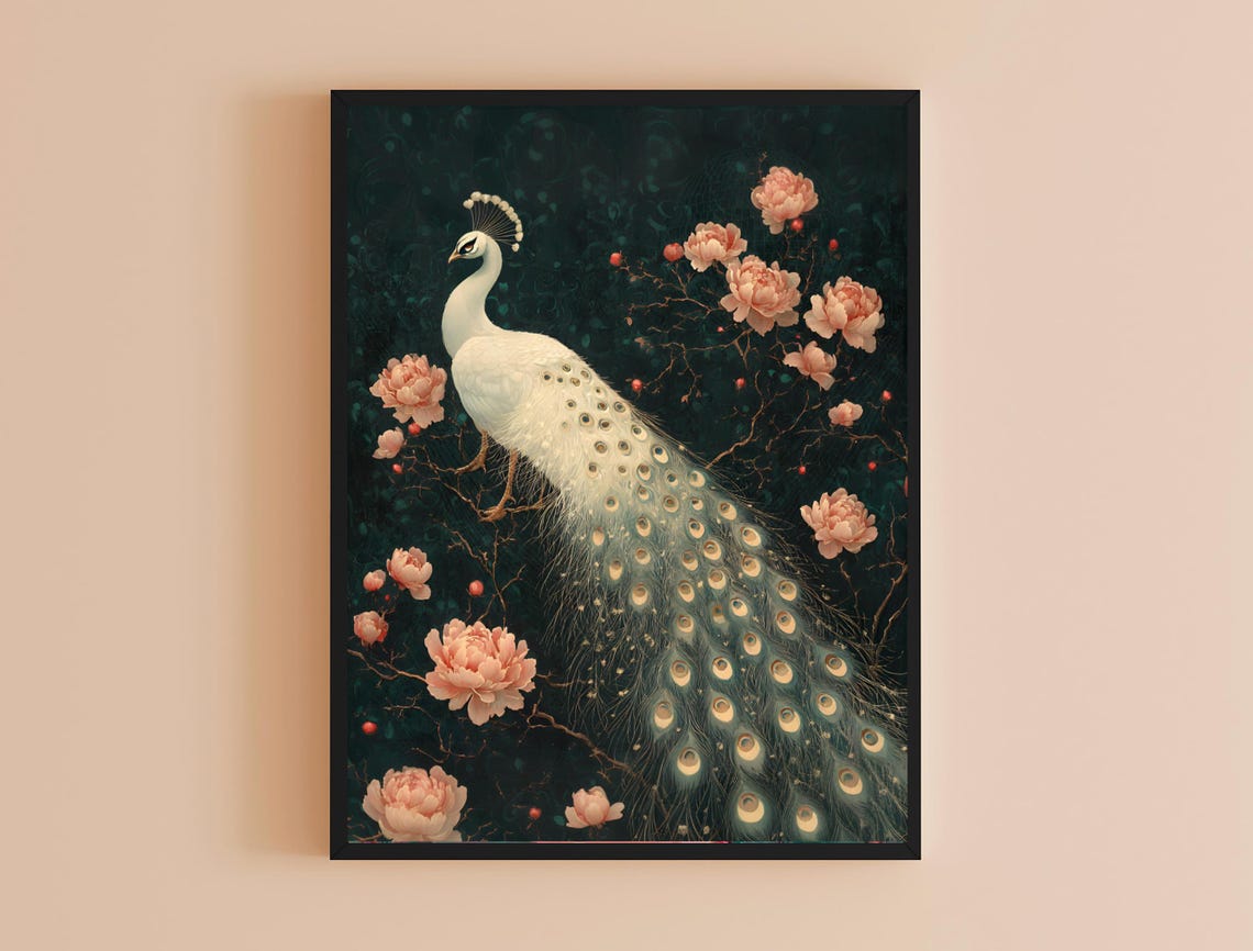 White Peacock Pink Peonies Dark Moody Floral Vintage Style Art Print - Image 4