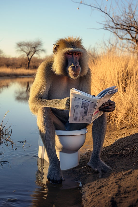 Mandrill Monkey Sitting On The Toilet Reading A Newspaper Funny Bathroom Wall Art Funny Monkey Print Animal Photos Ai Art