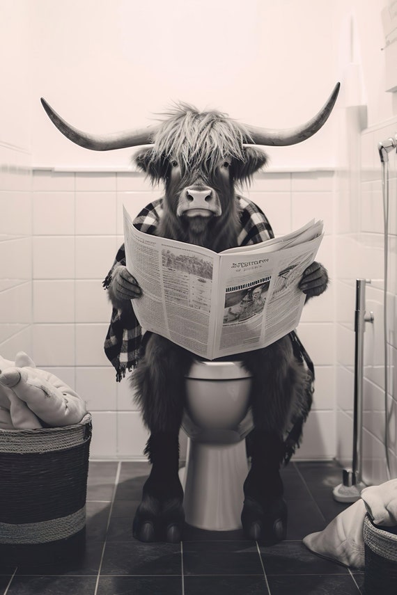 Highland Cow Sitting On The Toilet Reading A Newspaper Funny Bathroom Wall Decor Funny Animal Print Home Ai Art