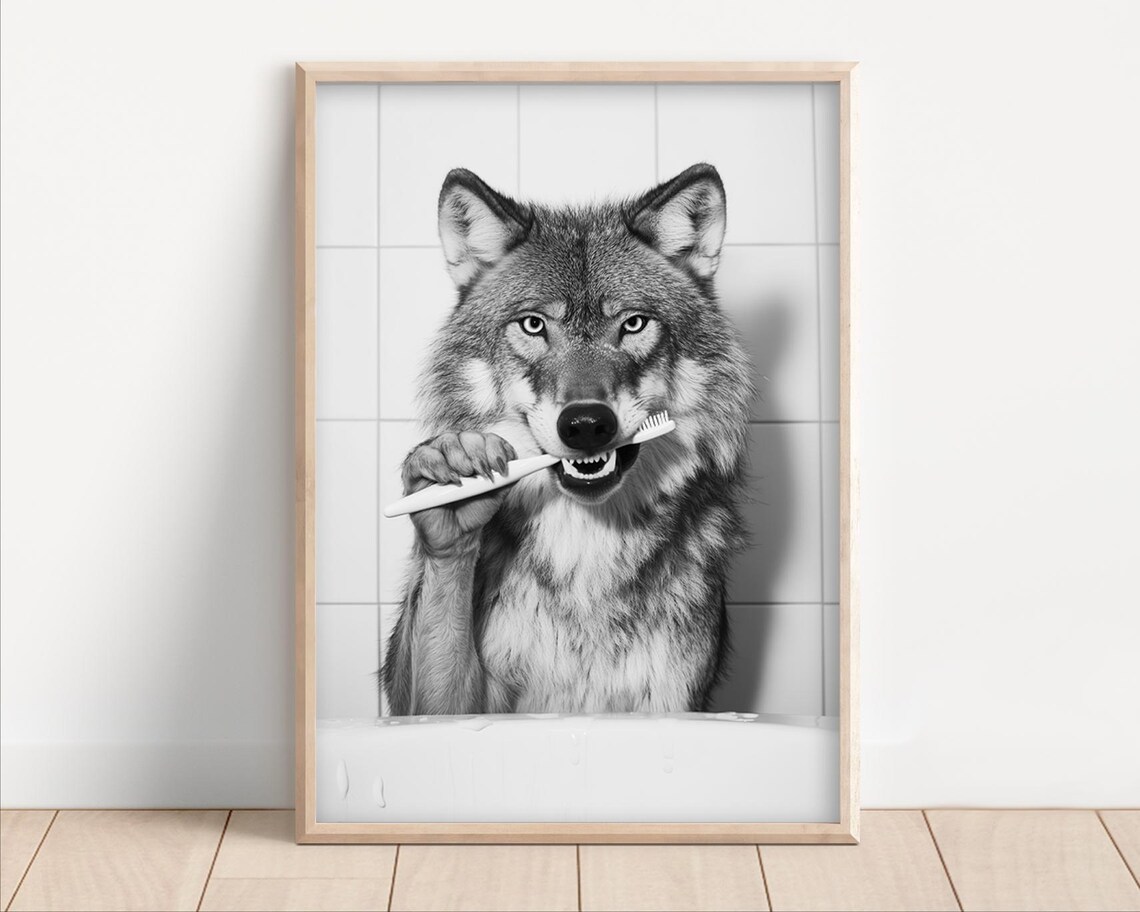 Wolf Brushing Teeth Vintage Bathroom Art Print