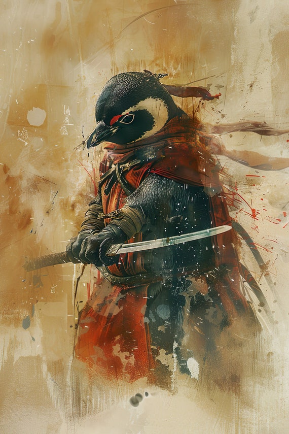 Ninja Penguin Holding A Katana Sword Boys Game Room Wall Decor Movie Poster Style Martial Arts Funny Animal Wall Art Ai Art