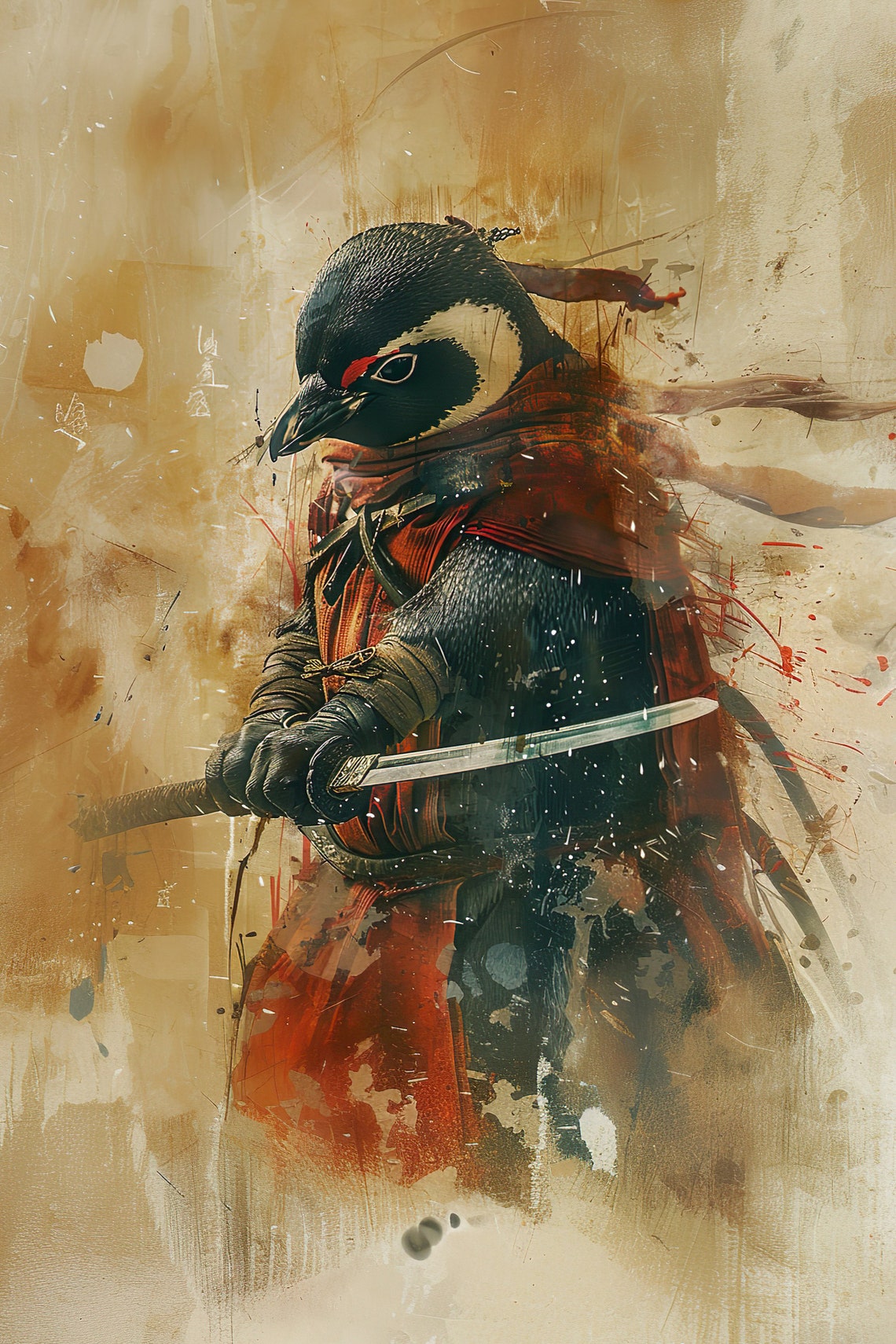 Ninja Penguin Warrior Drawn Katana Ink Wash Japanese Art Poster