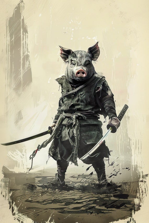 Ninja Pig Holding A Katana Sword Boys Game Room Wall Decor Movie Poster Style Martial Arts Funny Animal Wall Art Ai Art