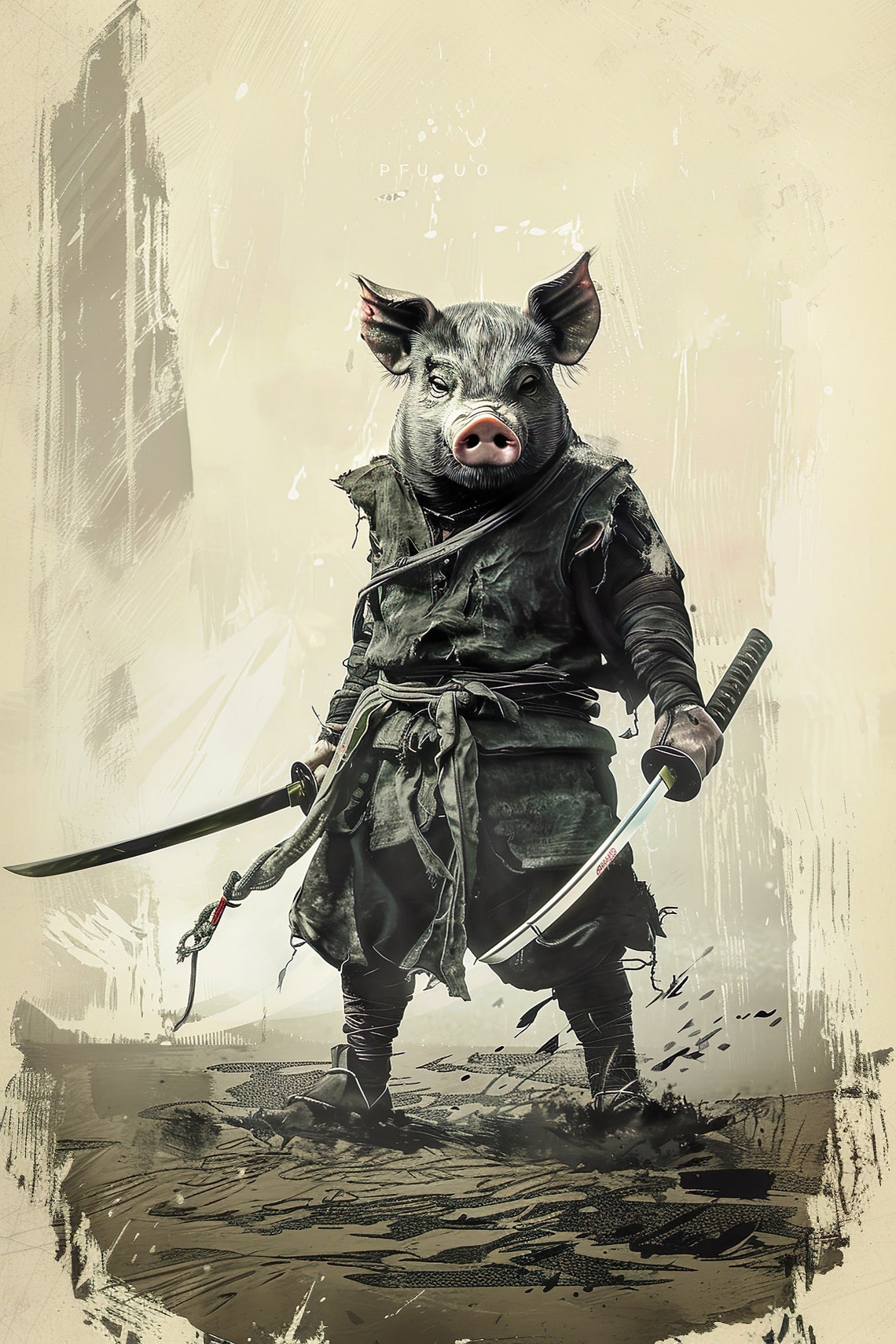 Samurai Pig Warrior Twin Katanas Vintage Ink Wash Art Poster