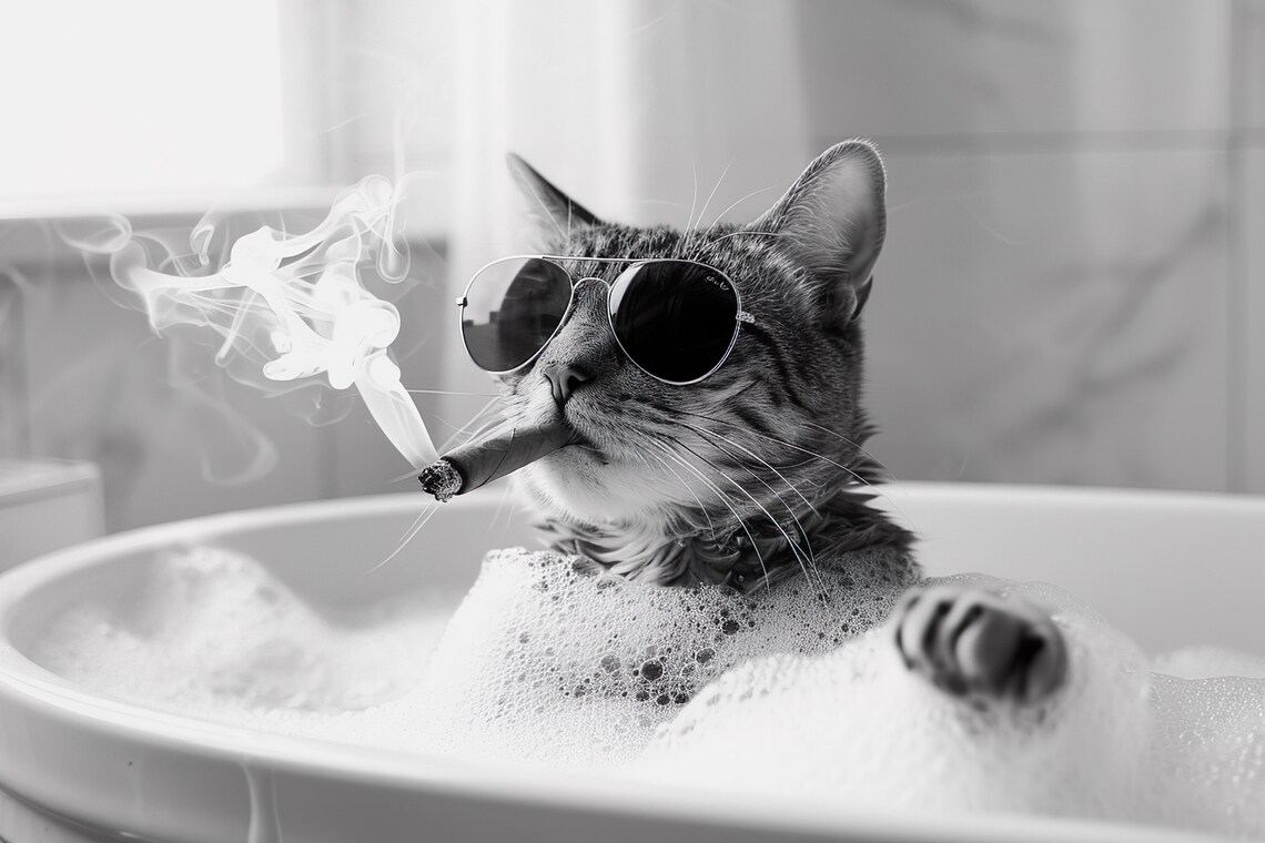 Vintage Style Cool Cat in Bathtub Art Print