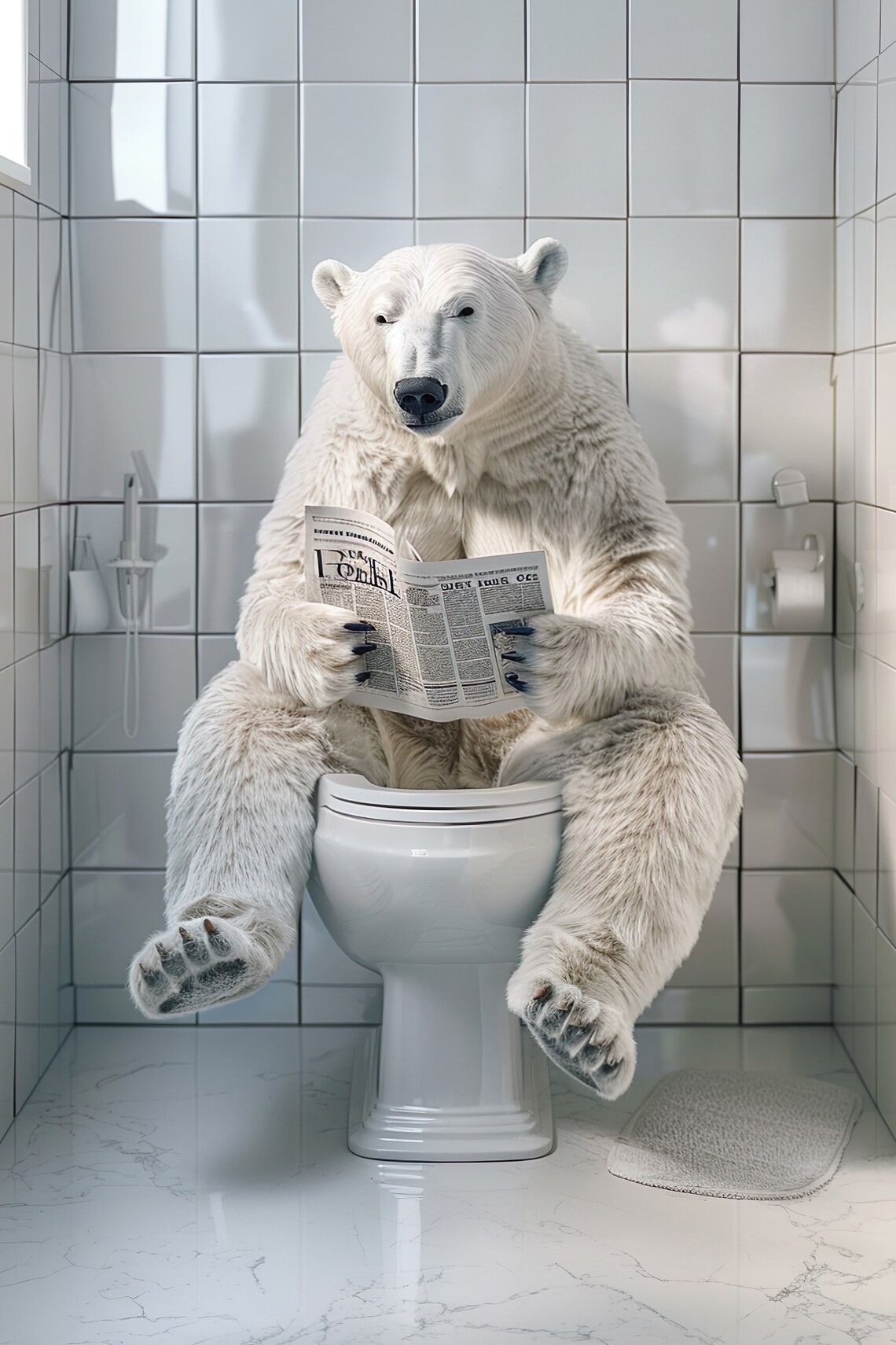 Polar Bear Sitting on the Toilet Reading Newspaper, Funny Poster