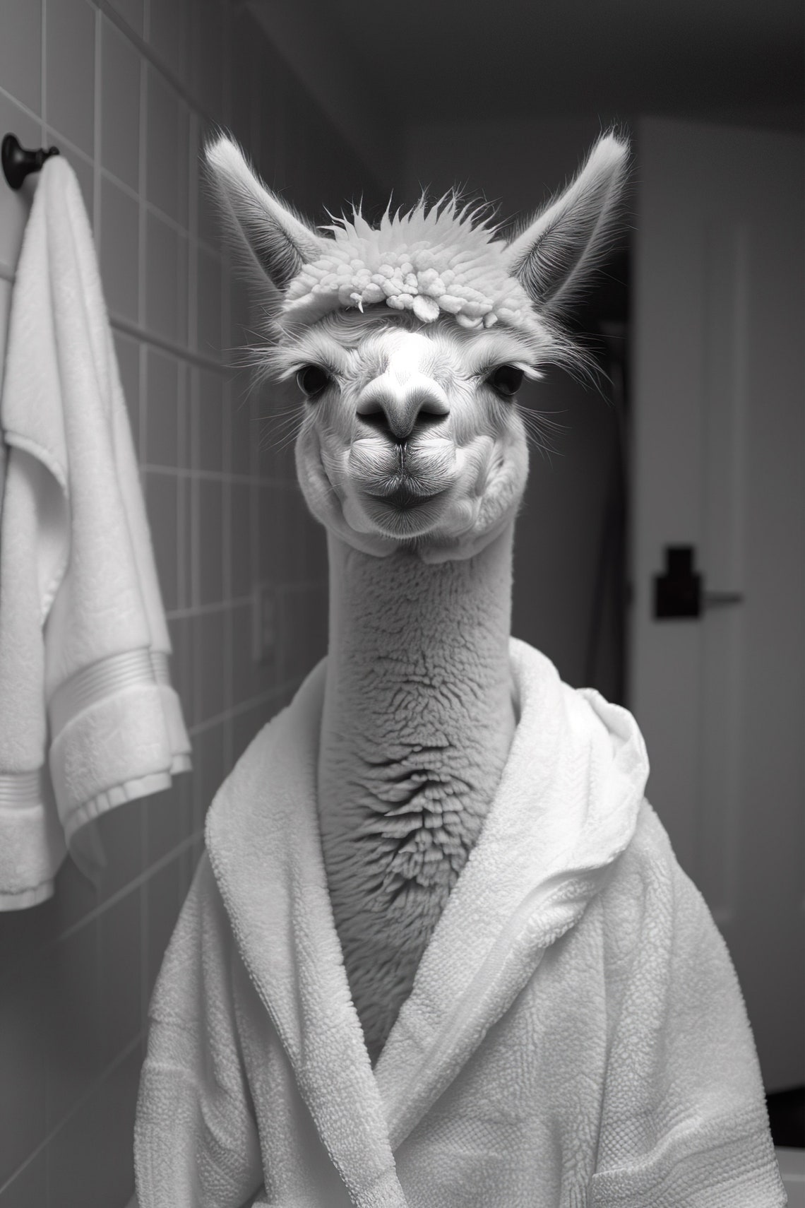 Charming Alpaca Wrapped In White Bathrobe In Tiled Bathroom Poster
