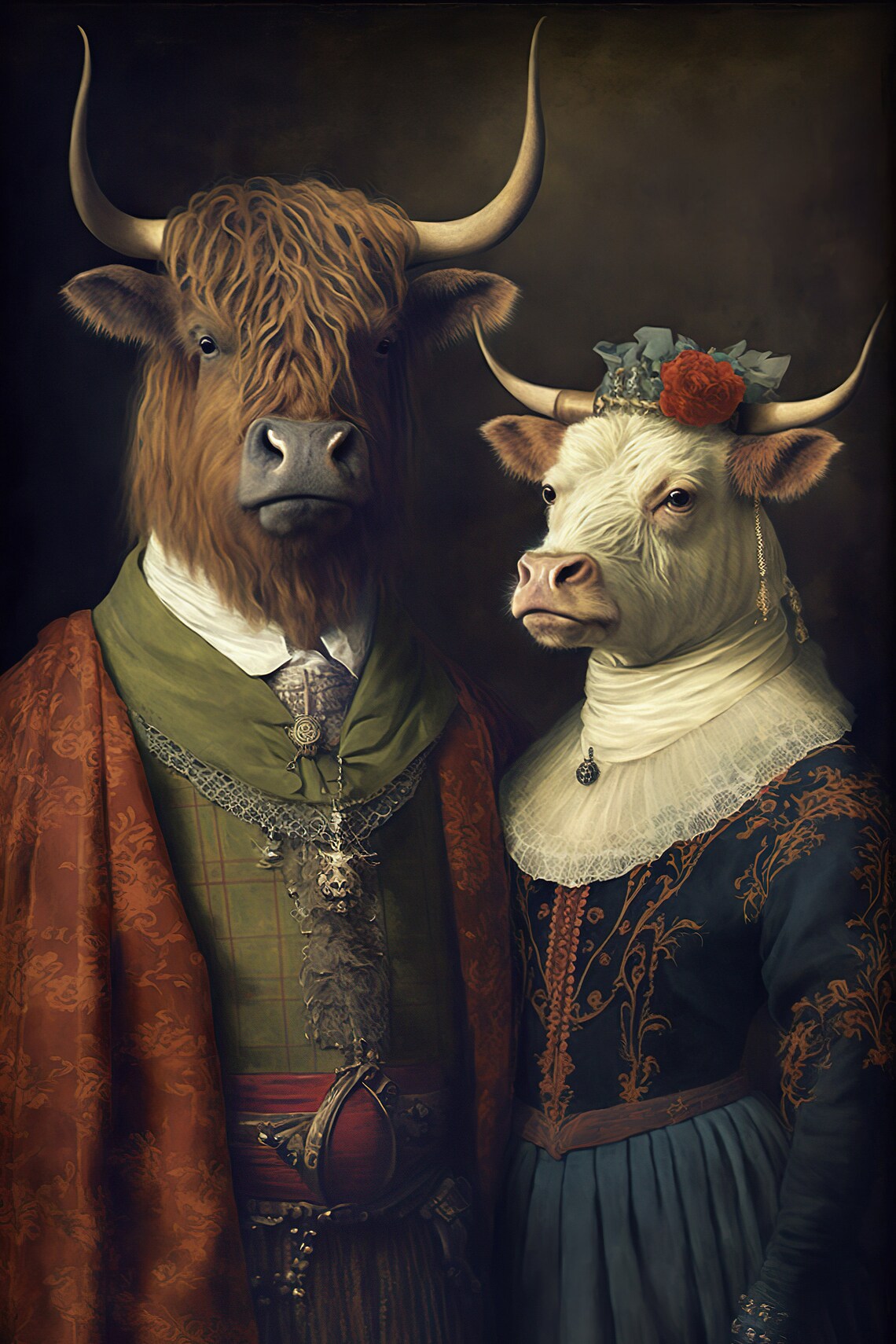 Aristocratic Highland Cow Couple, Renaissance Animal Art