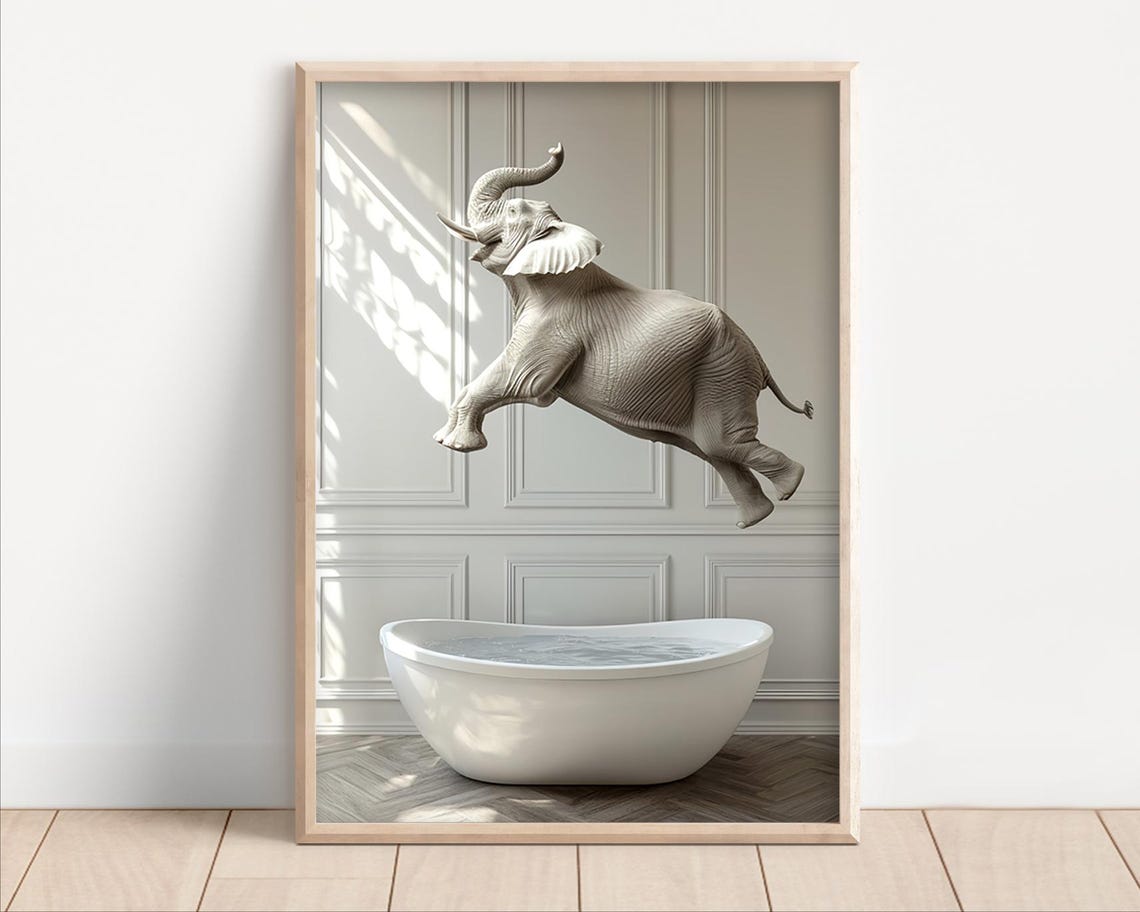 Elephant Jumping Into Bathtub Funny Bathroom Wall Art Decor Animals Taking A Bath Vintage Style Retro Elephant Print Ai Art