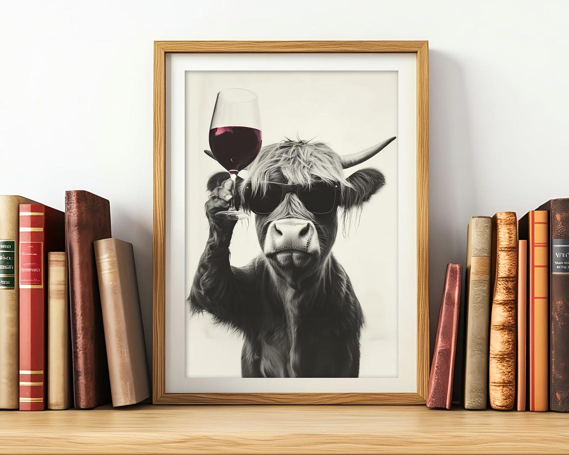 Highland Cow With Sunglasses Holding Red Wine Glass Funny Farm Poster - Image 3