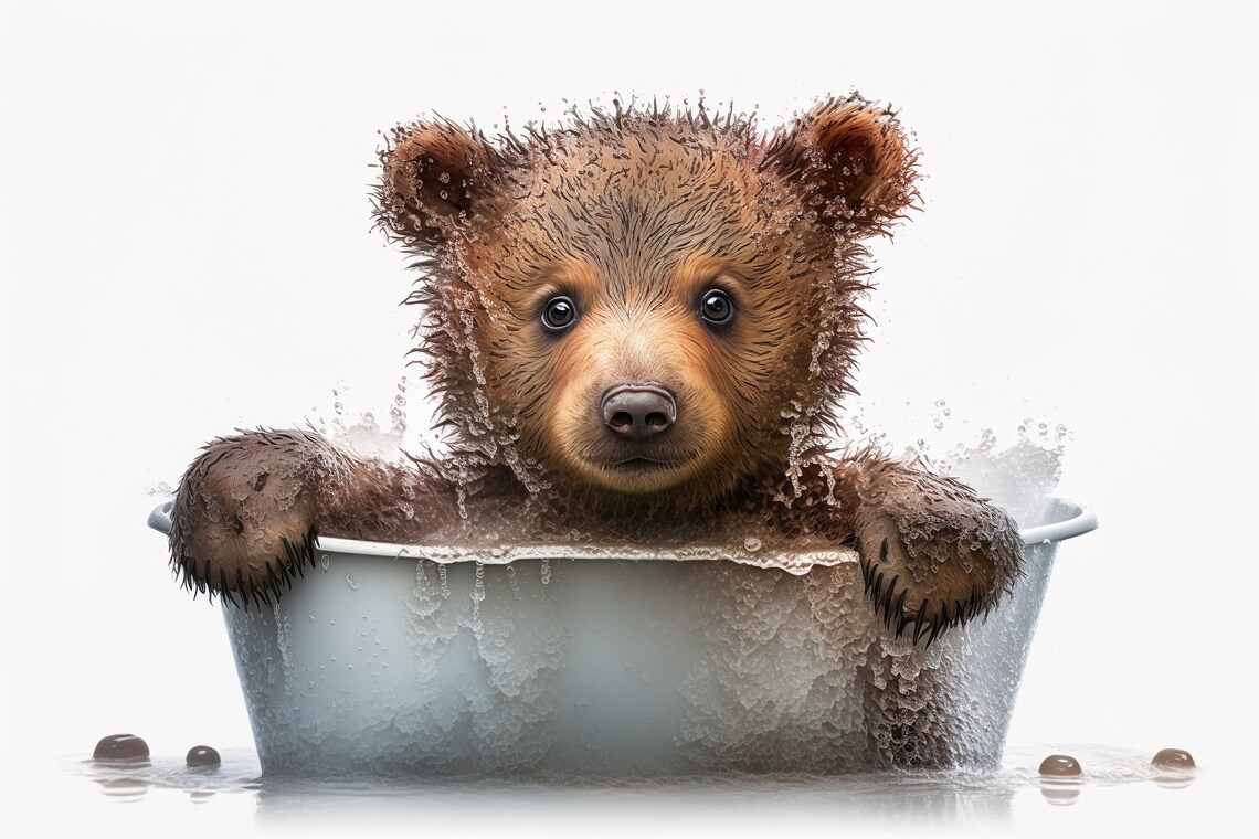 Cute Baby Bear In The Bathtub, Funny Animal Art Print