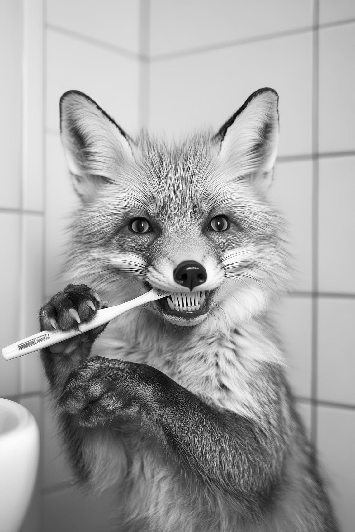 Playful Fox Brushing Teeth Funny Bathroom Black and White Poster - Image 2