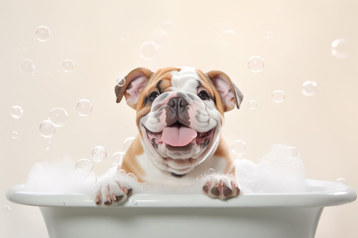 Bulldog Pup In The Bathtub Cute Dog Photograph Bulldog In Bubble Bath Funny Animal Prints Funny Bathroom Wall Art Ai Art