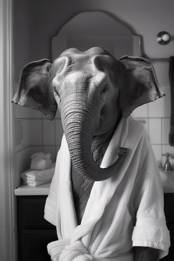 Elephant In A Bathrobe Funny Bathroom Wall Art Quirky Animal Art Funny Elephant In Bath Humor Print Home Ai Wall Art Prints