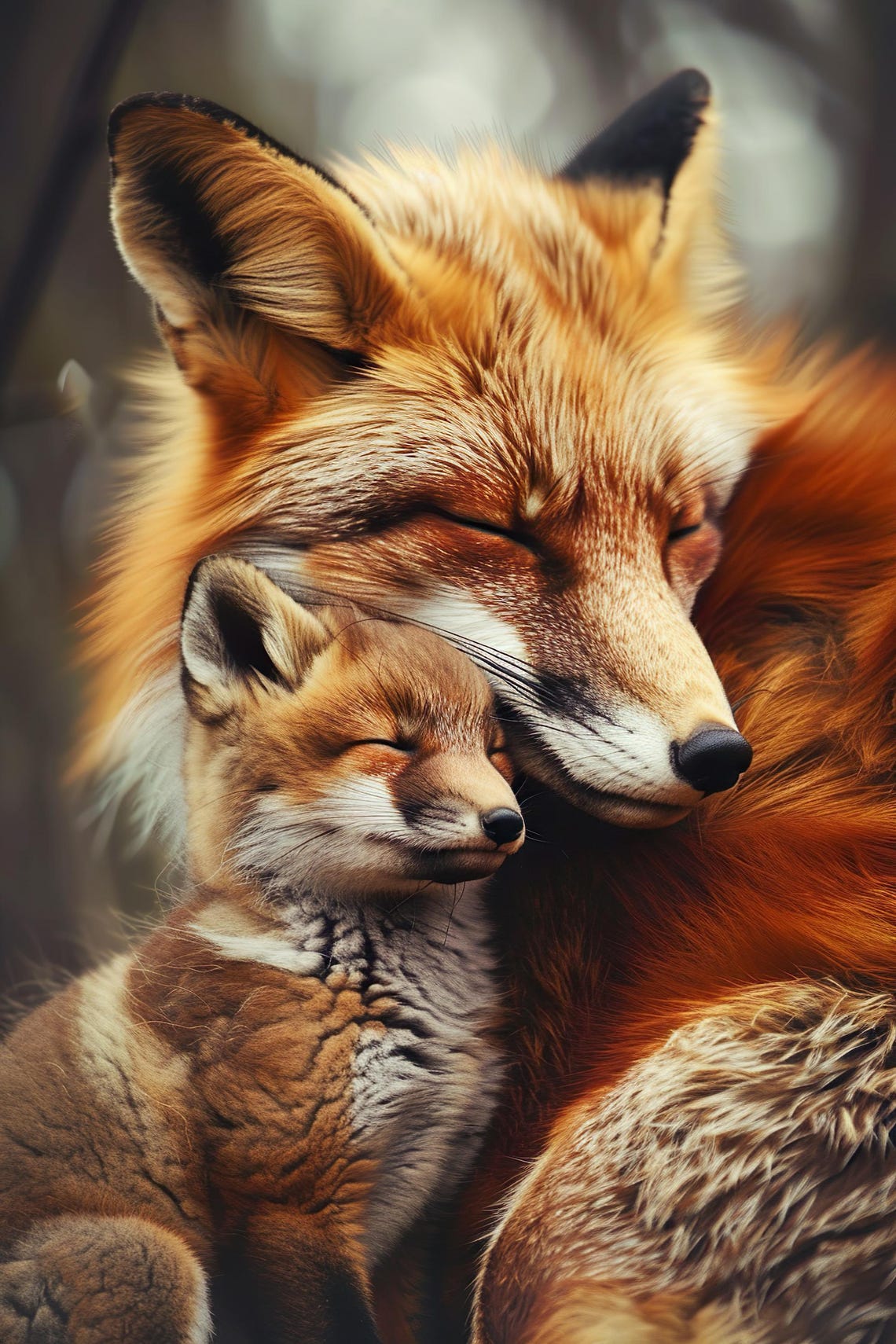 Red Fox Parent Resting Head on Kit Woodland Poster for Nursery Decor