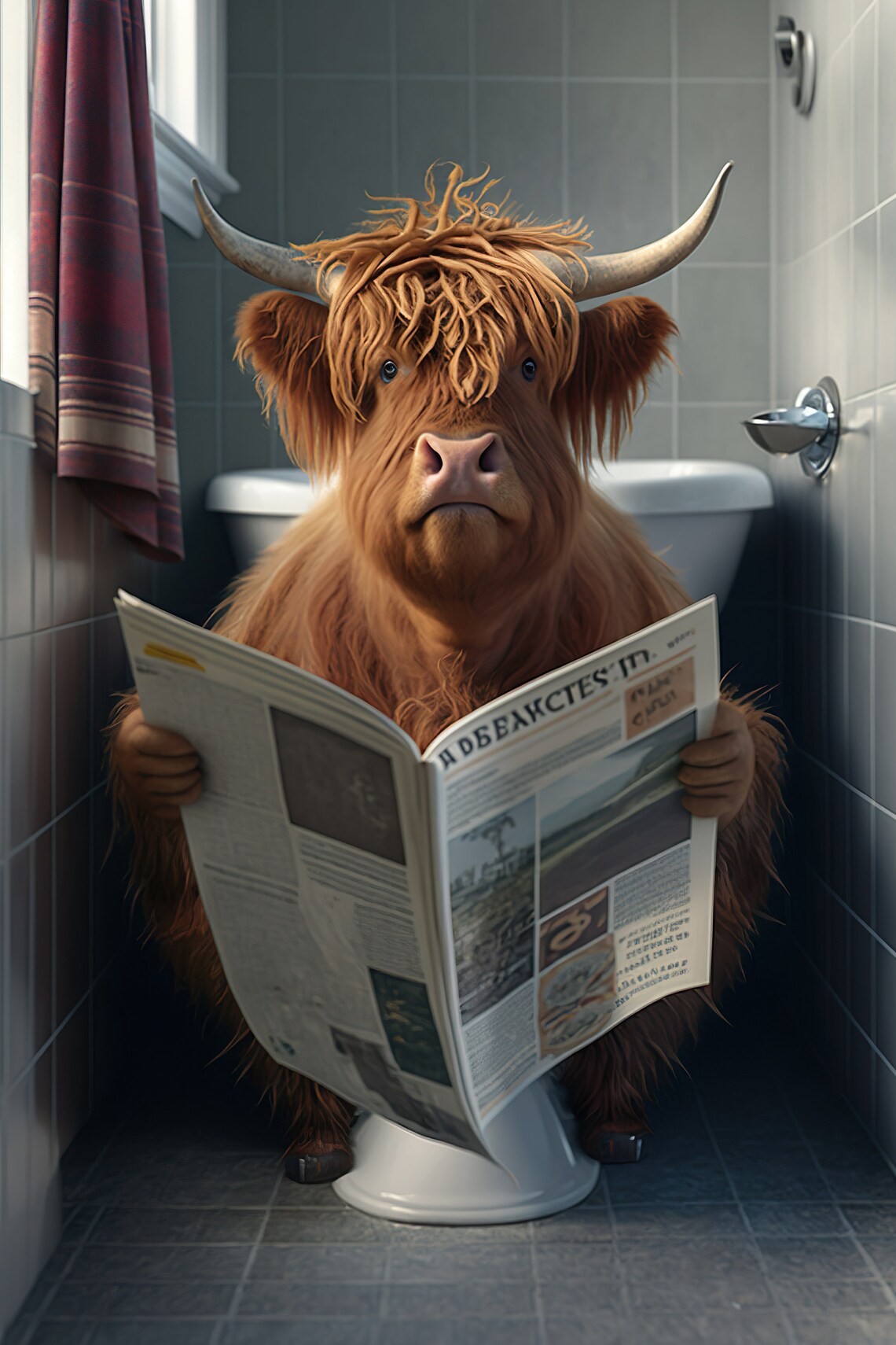 Highland Cow On The Toilet Reading Newspaper, Funny Poster